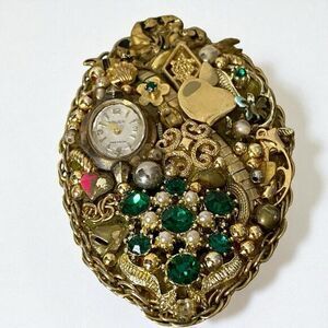 Vintage Large Unique OOAK Timeless Green Fancies Story Collage Brooch Pin 3”